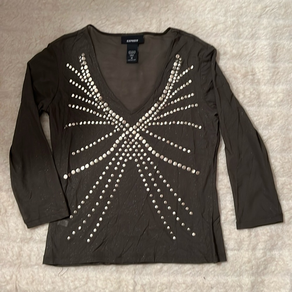 Express sheer olive green shirt with stud detail and shimmer